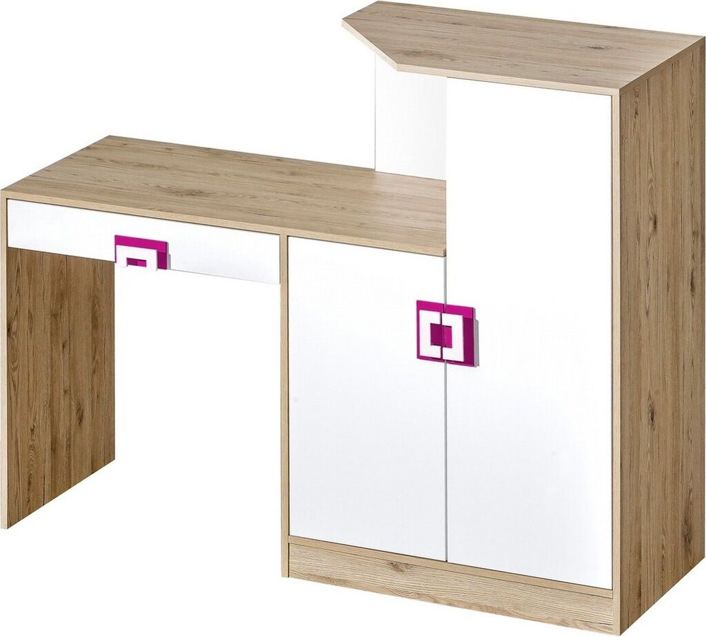 Furniture24 Schreibtisch NICO 11, mit Schubkasten und 2 Türen Hell Eiche/Weiß/Rosa