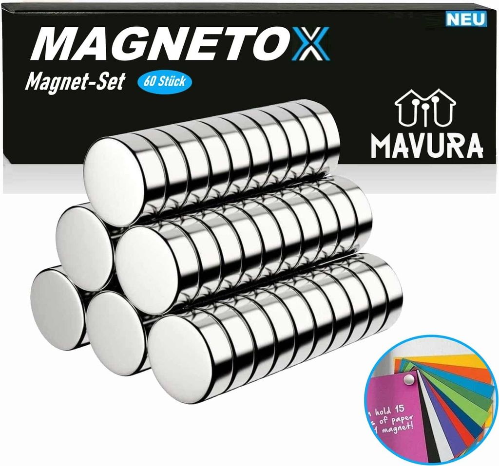A product shot of a set of magnets with packaging and a small inset image showing their use.