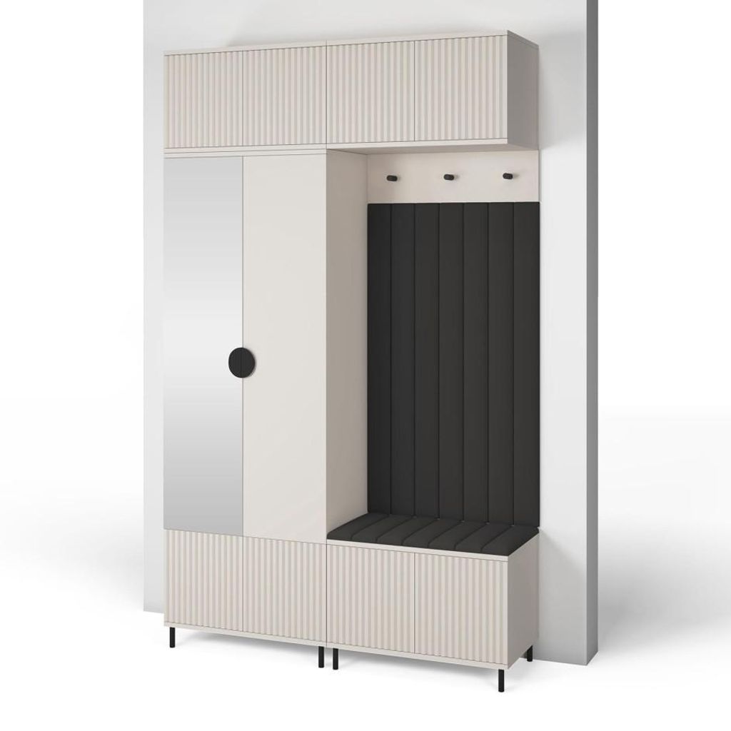 Garderoben-Set Ritmo version 2 – gefräste Kleiderschrank mit Polsterplatten, Schuhschrank, für Flur und Eingangsbereich (cashmere, Trinity 16)
