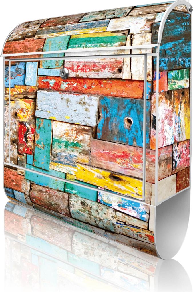 banjado Design Briefkasten Stahl weiß mit Zeitungsfach pulverbeschichtet "Bunte Holzschindeln" 38x46x12,5cm & 2 Schlüssel - Postkasten A4 Einwurf...
