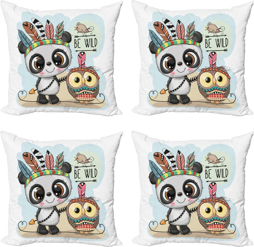 ABAKUHAUS Sei wild Kissenbezug Set (4 Stück), Panda-Eulen-Vogel in den Federn, Moderner Doppelseitiger Digitaldruck, 60 cm x 60 cm, Mehrfarbig
