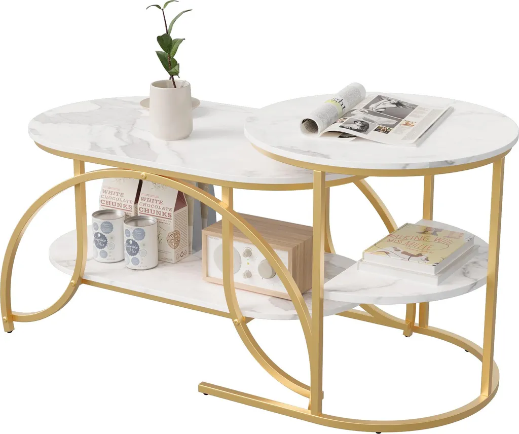 Tavolini da salotto set di 2 , 2 cassetti, effetto marmo, 59,5x60x45,6+50x50x40cm, capacità di
