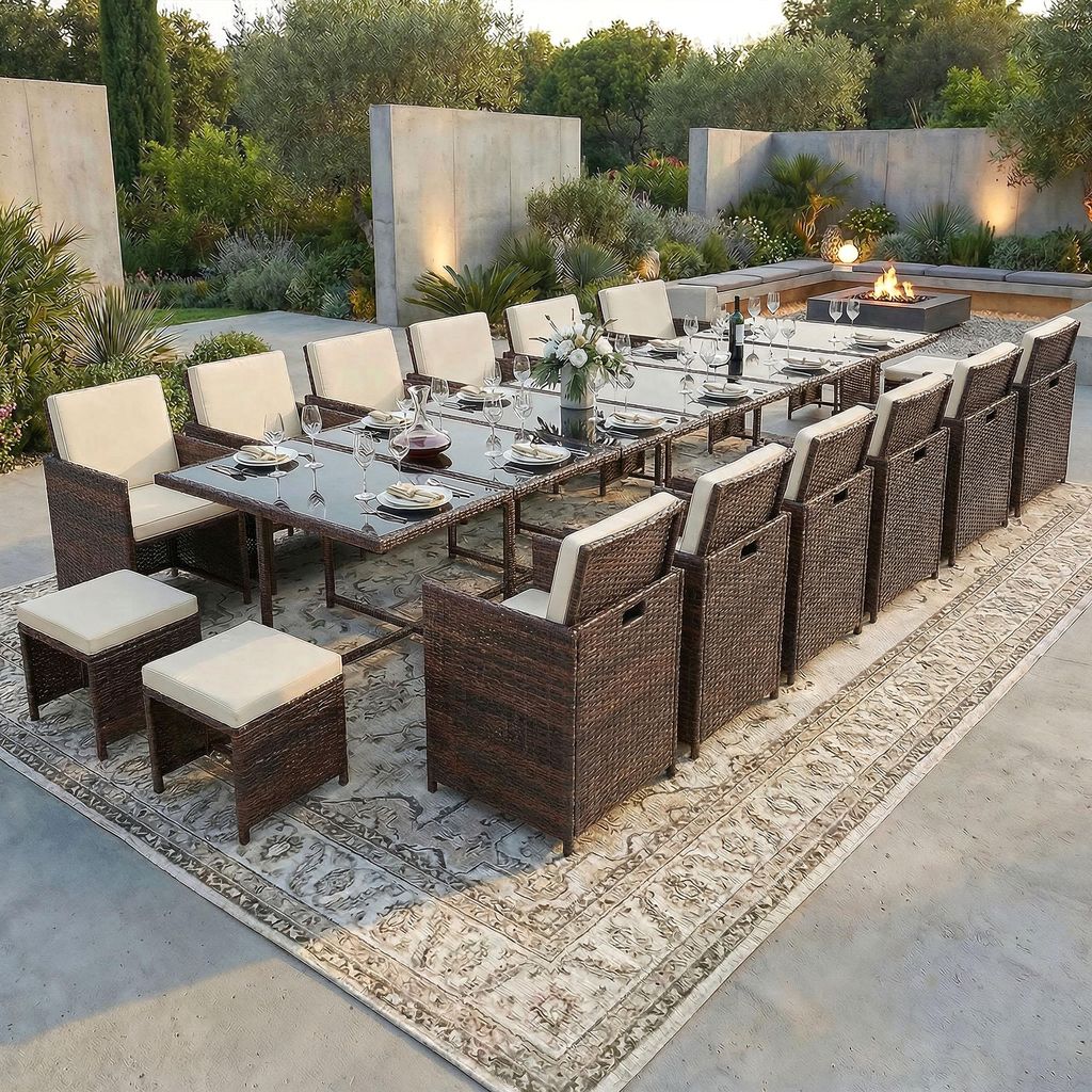 Poly Rattan Sitzgruppe Esstisch Lounge Gartenmöbel Sitzgarnitur 17-Teilig Garten-Garnitur Set 1x Tisch + 12x Stühle + 4x Hocker - braun