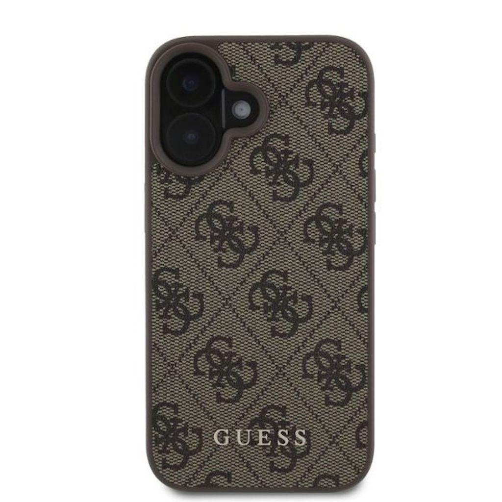 A brown and black Guess branded iPhone case is shown against a white background.