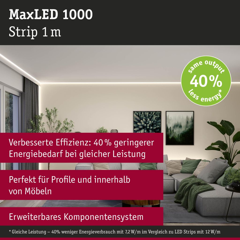 Paulmann MaxLED 1000 LED-Streifen, warmweiß, 1 m, 7,2 W, 1100 lm/m, 128 LEDs/m, 2700 K