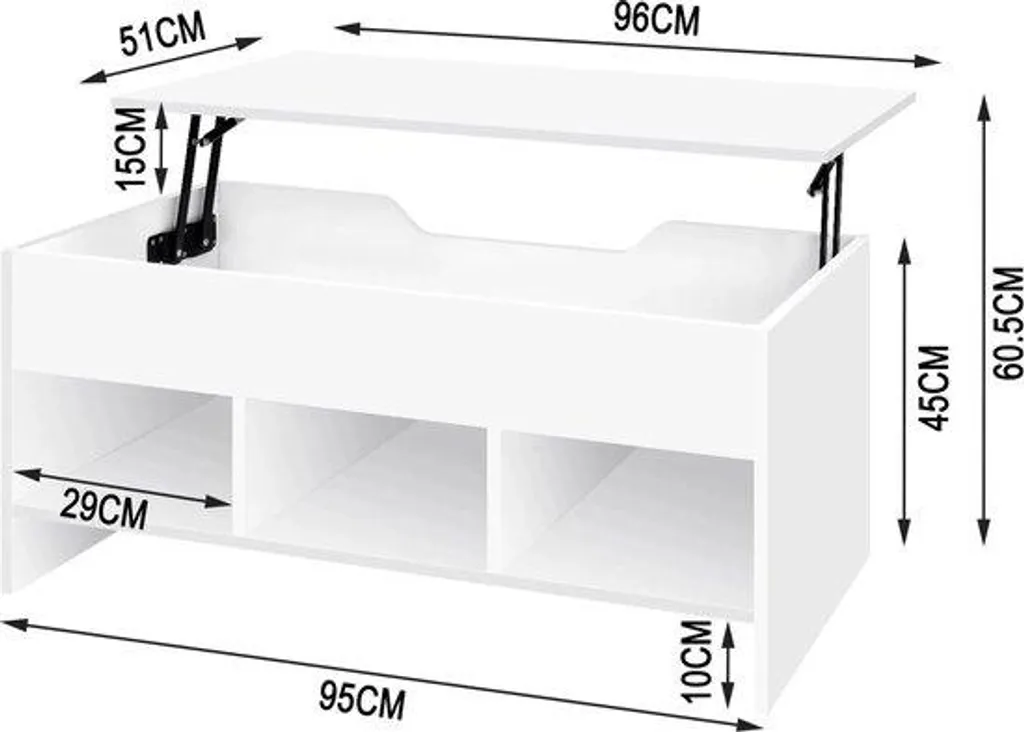 Table basse relevable bois blanc 96 cm avec coffre de stockage interne