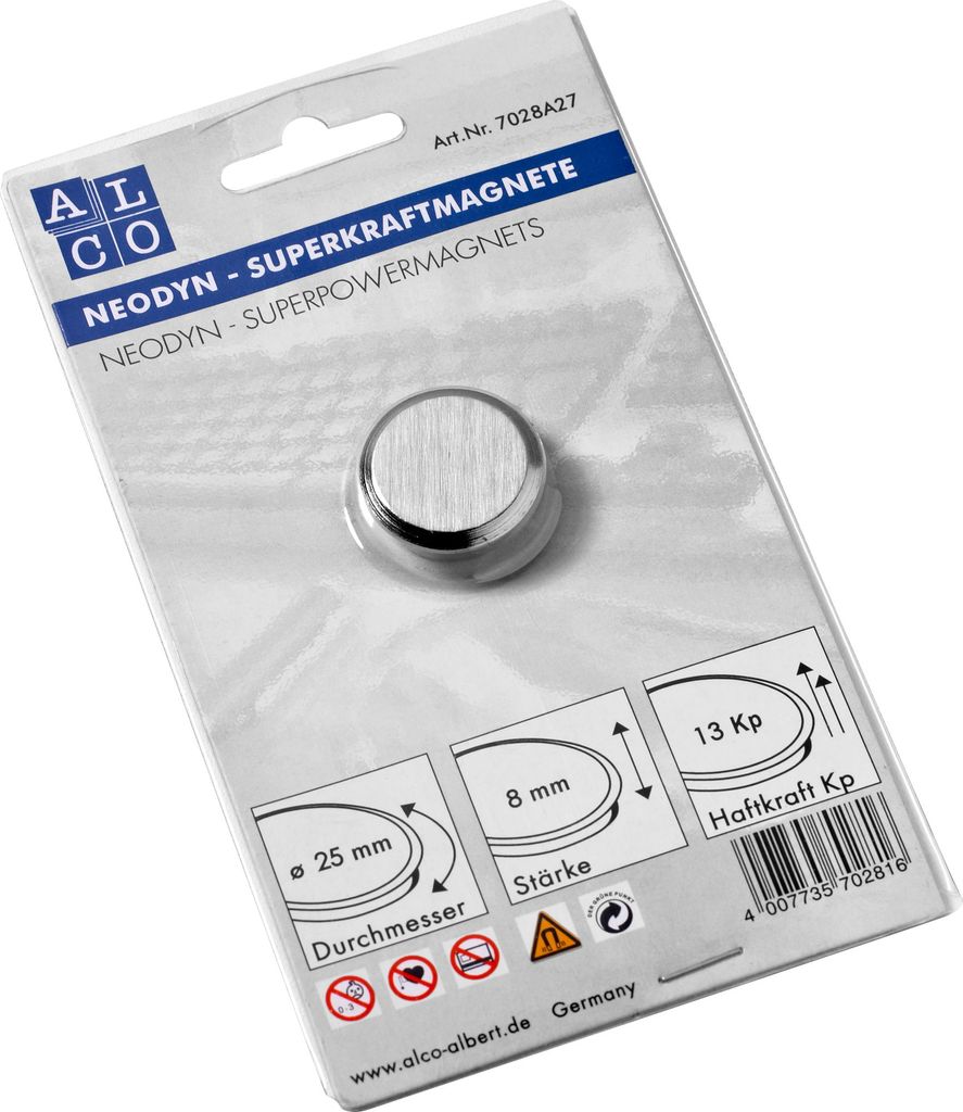 Alco Superkraftmagnete, silberfarben, Ø 25 mm, Haftkraft 13 Produktbild 