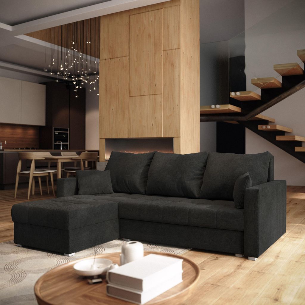 Masseno Ecksofa NIDA mit Schlaffunktion L-Form, Sofa mit Bettkasten, Wohnzimmersofa, Couch, Soffa, Bettsofa, Couchgarnitur- Schwarz, INARI 100