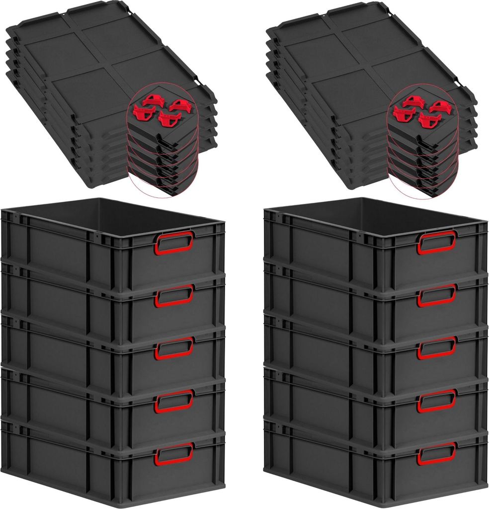 SparSet 10x Eurobox NextGen Color mit Auflagedeckel und Schiebeschnappverschlüsse | HxBxT 17x40x60cm | 34 Liter | Schwarz | Griffe rot geschlossen...