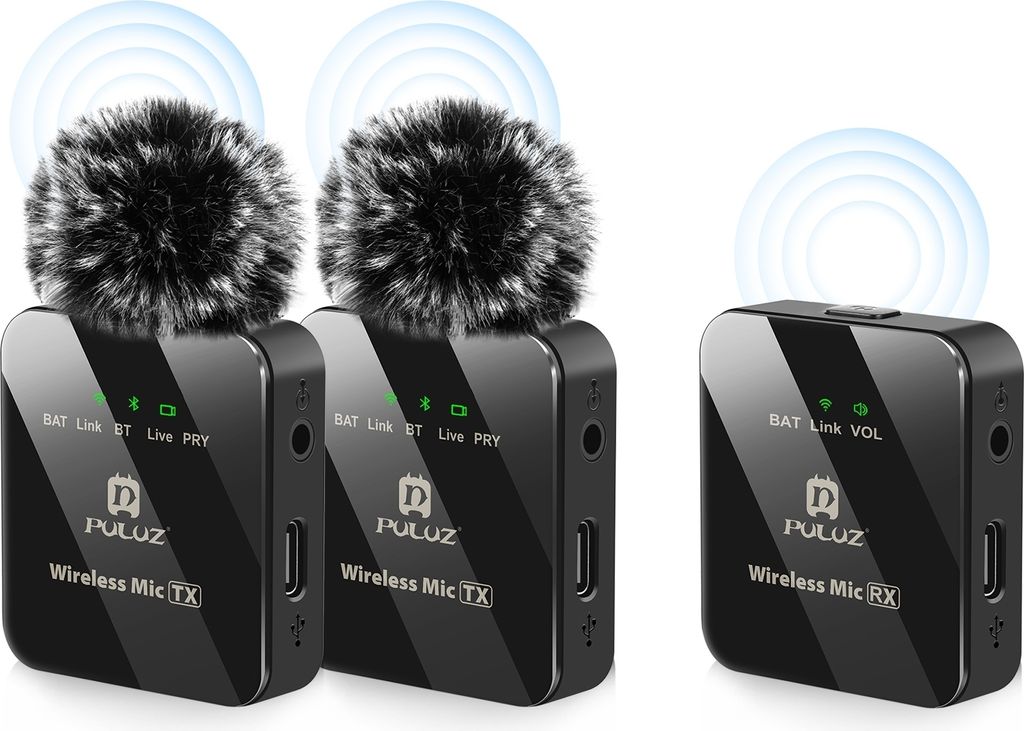 Three wireless microphones, two transmitters and one receiver, are displayed on a white background.