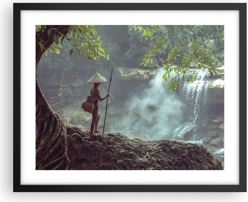 Gerahmtes Poster - Schwarzer Rahmen - Asien Junge Wasserfall - 50x40 cm - Wand Bild - Wanddeko - Wandbilder - Kunstposter - Wandposter - Bilderrahm...