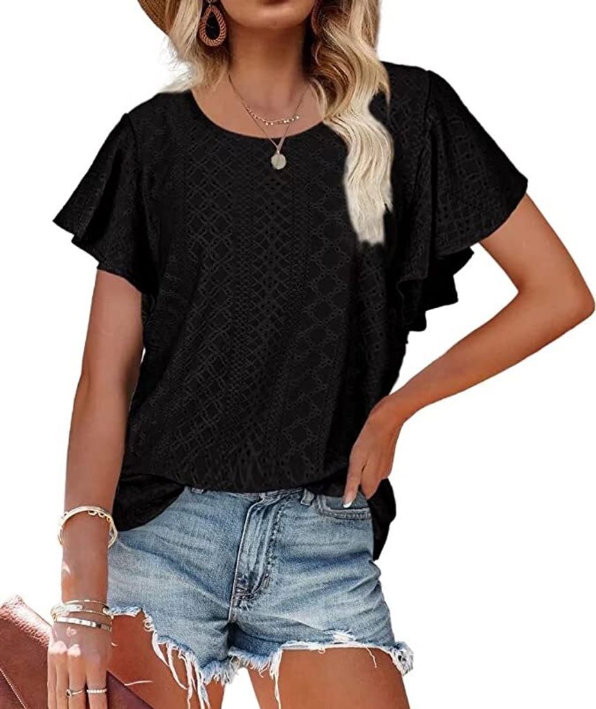 ASKSA Damen T-Shirt Rüschenärmel Bluse Aushöhlen Tops Casual Rundhals Loose Shirts, Schwarz, M