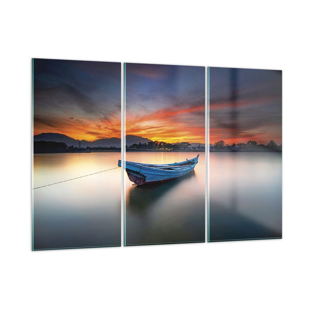 Bilder auf glas - 3 Teile - Westen Sonne Boot - 105x70cm - Glasbilder - Wandbilder - Bilder - zum Aufhängen bereit - Wanddekoration aus Glas - Gla...