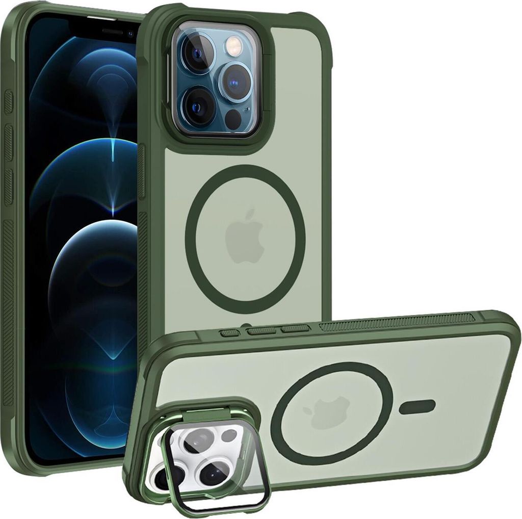Conie MagSafe Schutzhülle für iPhone 12 Pro Hard Case Kunststoff Kamera Schutz Cover Hülle magnetisch mit Ständer in Grün