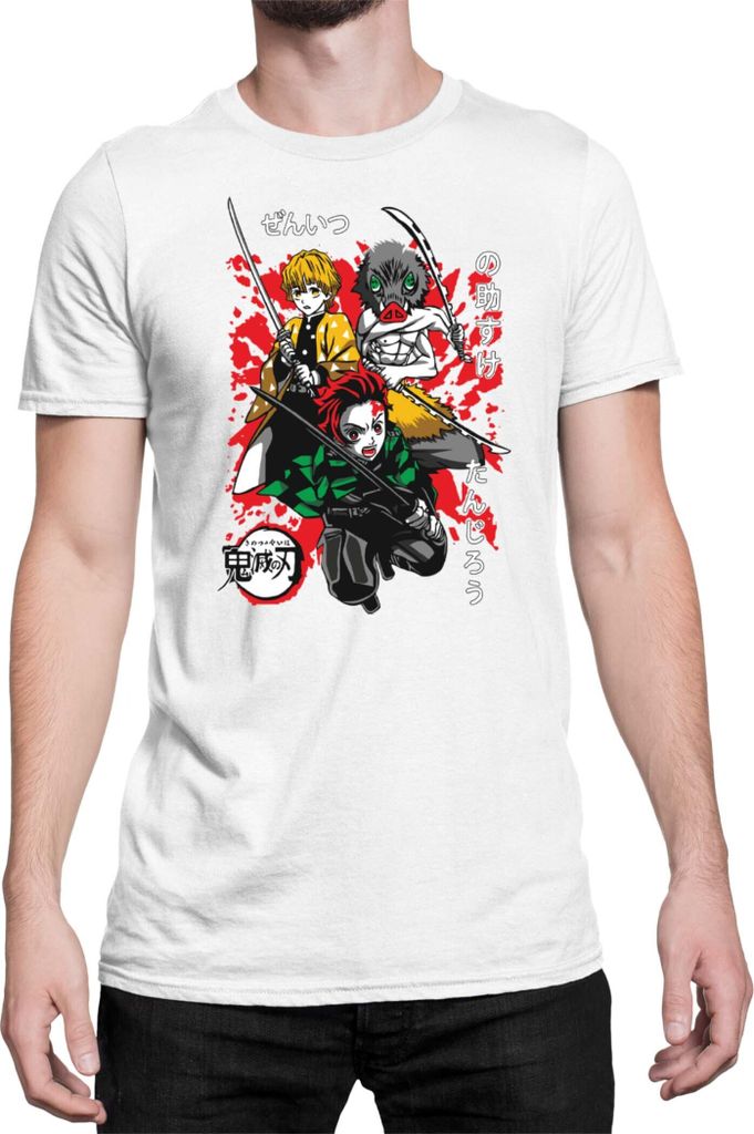 Herren T-Shirt Demon Anime Slayer Kimetsu No Yaiba Tanjiro Zenitsu Inosuke 002, Man 3XL / Weiß