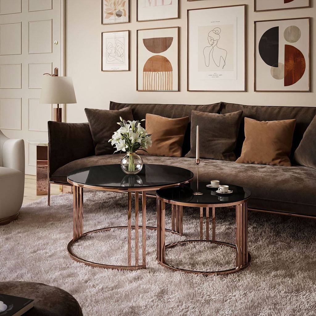 Set Couchtische LORI 2in1 mit Glasplatte und kupferfarbener Basis