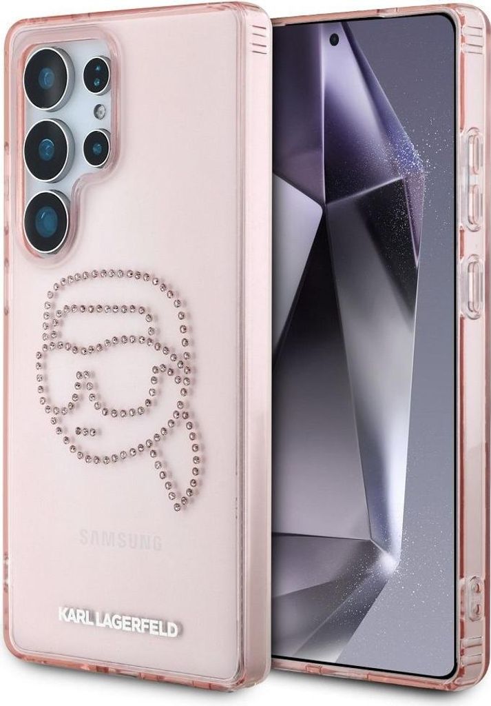 A pink phone case with a Karl Lagerfeld K head design made of rhinestones is shown next to a smartphone.