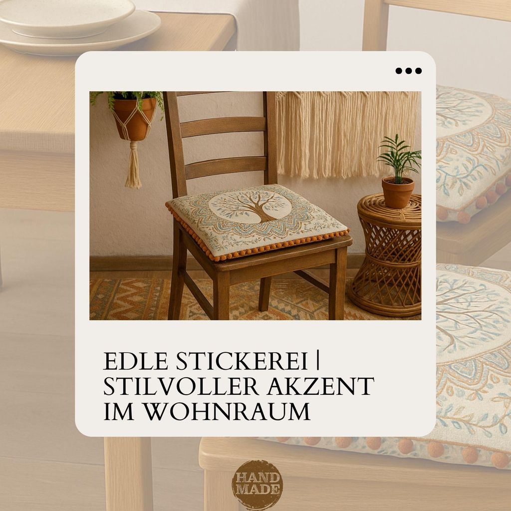Marrakesch 2er Set Stuhlkissen Rund, 40 Cm – Baumwolle, Bestickt Mit Baum Des Lebens, Boho-Stil, Für Stühle & Boden