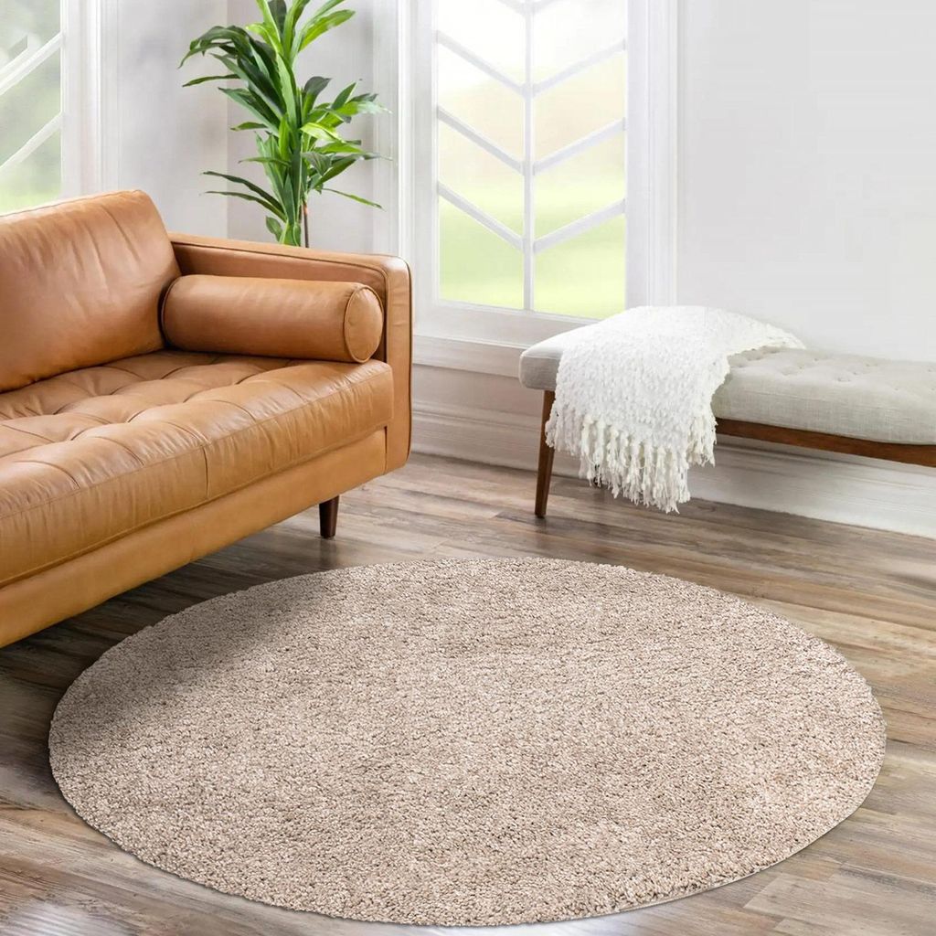 Shaggy Hochflor Teppich Wohnzimmer - Rund 200 cm - Sand-Beige - Einfarbige Schlafzimmer-Teppiche