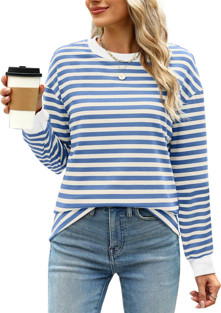 ASKSA Damen T-Shirt Rundhals Langarm Shirts Gestreift Basic Elegant Casual Lose Frauen Tunika Oberteile (Blau,2XL)