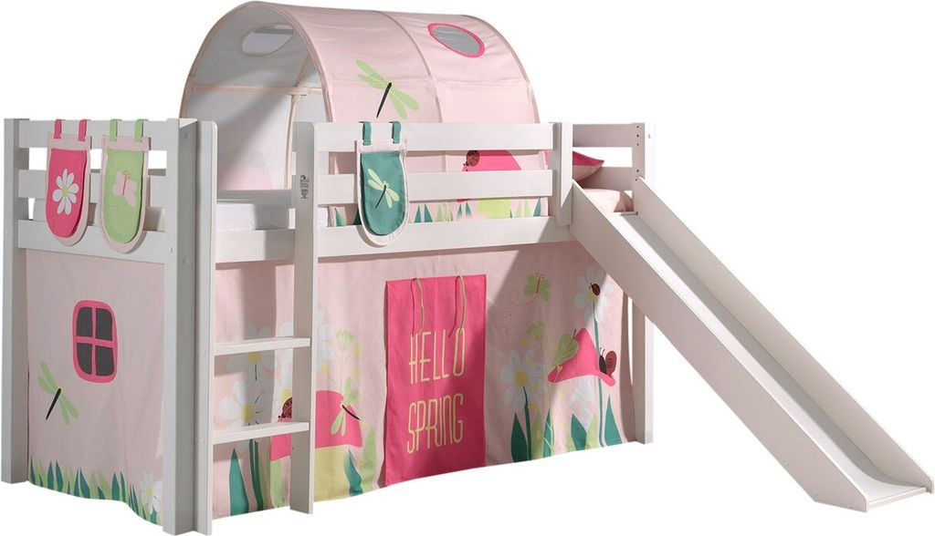 Spielbett Pino mit Rutsche und Textilset Kiefer Weiß