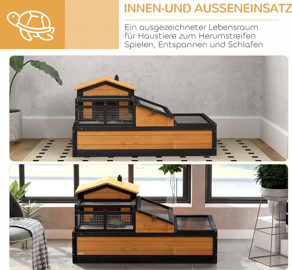 PawHut Schildkrötenhaus aus Holz Schildkrötengehege mit Haupthaus, Sichtfenster, aufklappbarer Deckel, Reptilienkäfig mit Lampenfassung, Futternapf, für Amphibien Indoor Outdoor