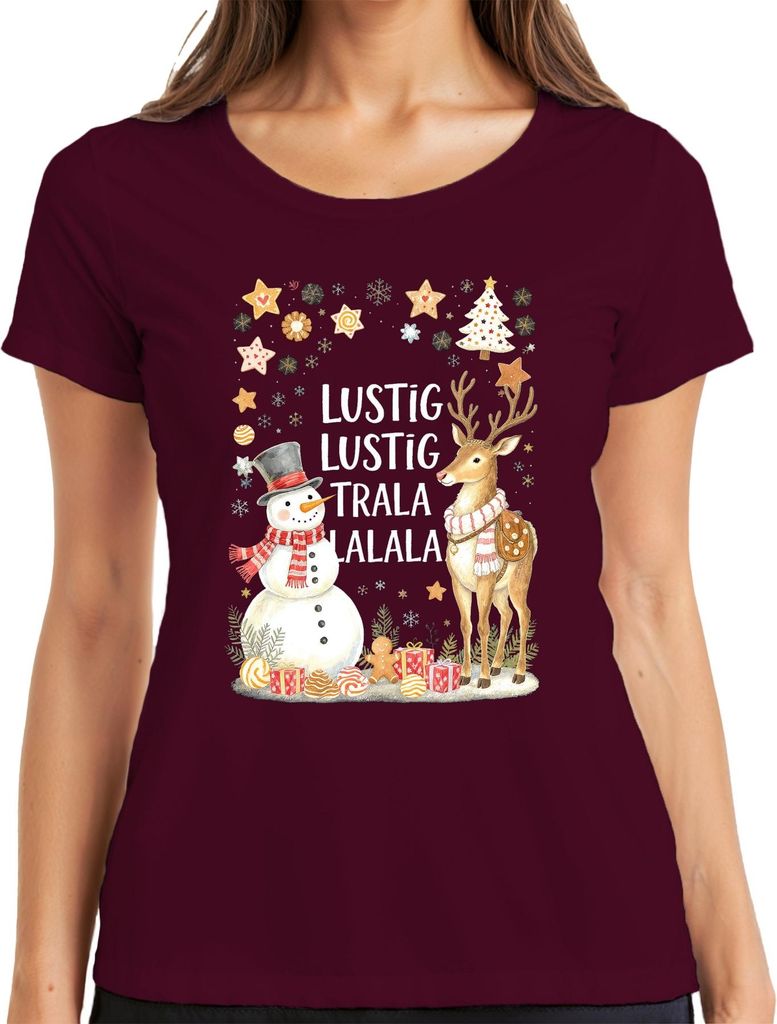 Lustig Lustig Trala Lalala Weihnachten Schneemann Rentier Retro Damen T-Shirt, Burgundy, L
