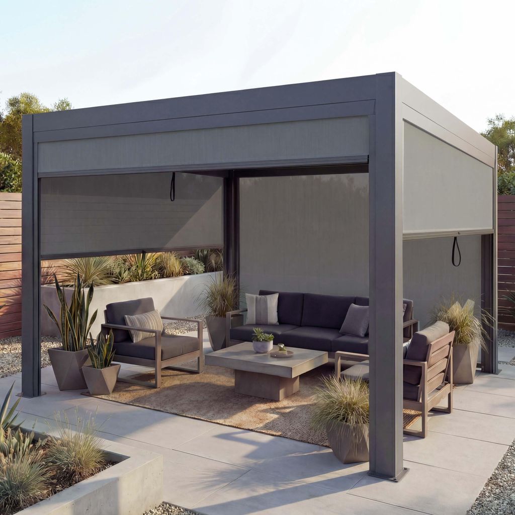 Pergola MCW-L46 mit Seitenwand, Gartenpavillon Lamellen-Pavillon Rollo, 10cm-Alu-Gestell, sturmfest 3x4m anthrazit