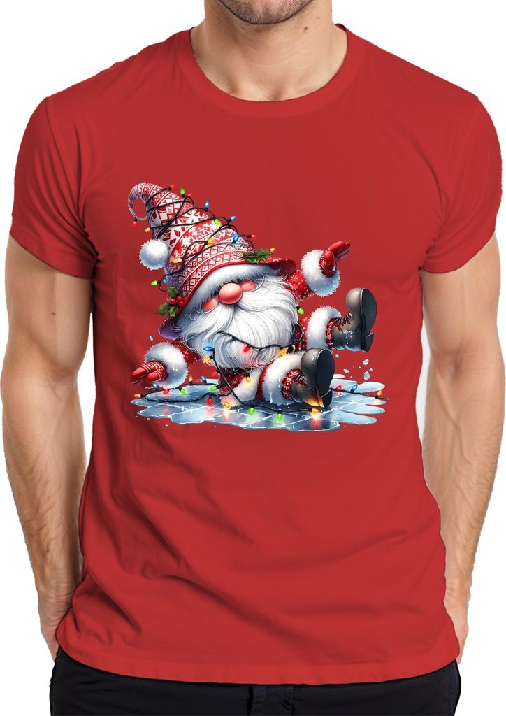 Lustiger Weihnachtswichtel rutschend auf Eis mit Lichtern Weihnachten Herren T-Shirt, Rot, XL