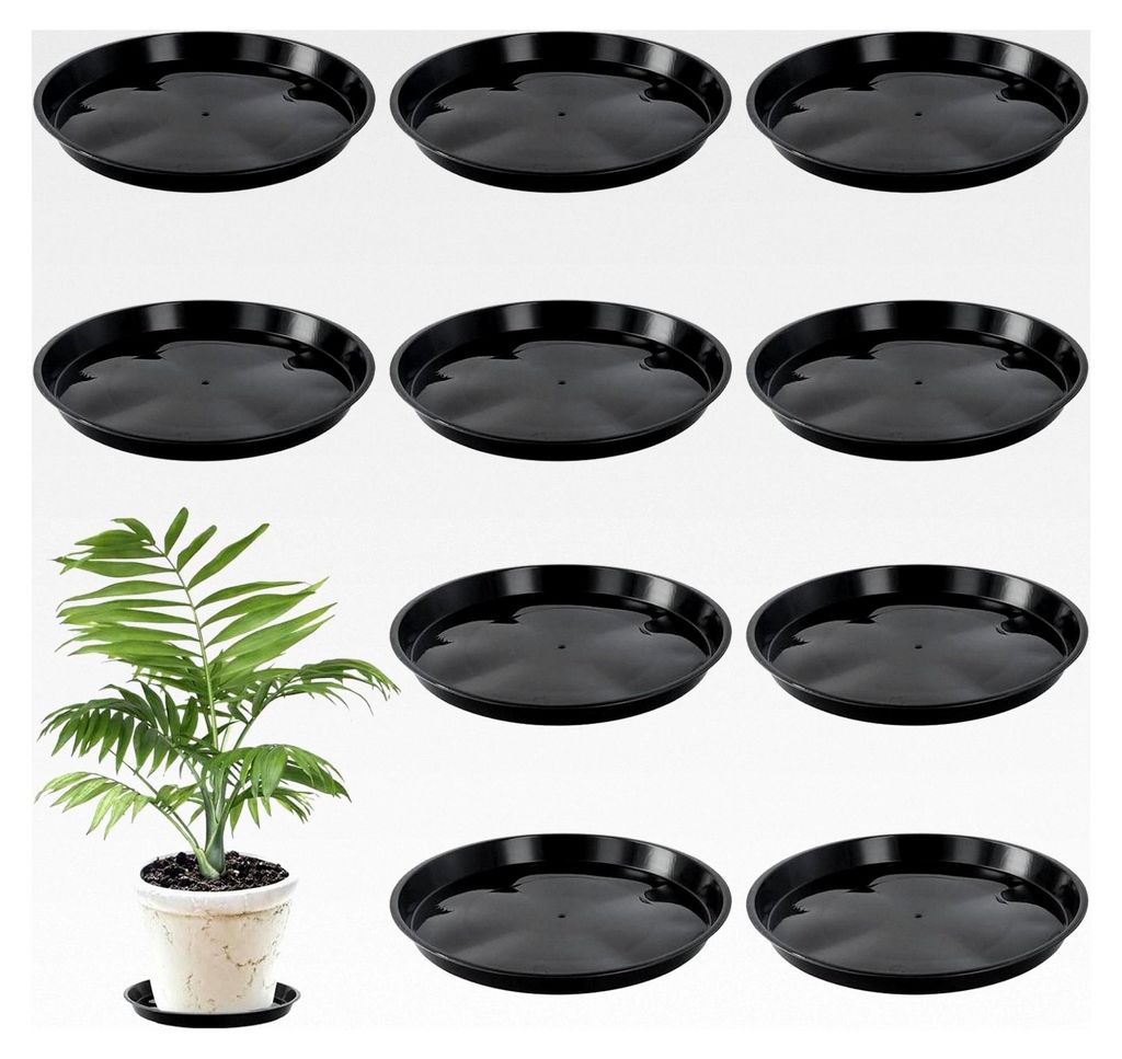 10 Stück 30 cm Blumentopfuntersetzer, Schwarz Kunststoff, Rund, mit Etiketten für Innen- und Außenpflanzen