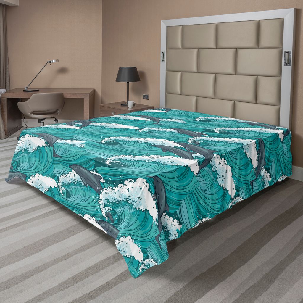 ABAKUHAUS Meerestiere Bettlaken, Wellenförmiger Ozean Mit Delphinen Windy Surfing Style Kunstdruck, weiches bequemes oberes Bettlaken für ein dek...