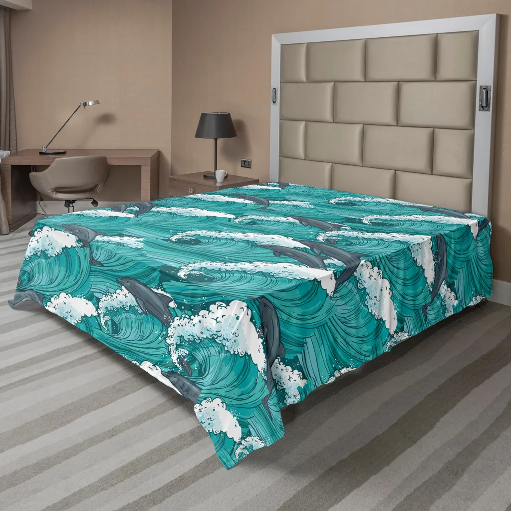 ABAKUHAUS Drap Plat Dauphins Océan 275x260cm Gris Anthracite et Bleu