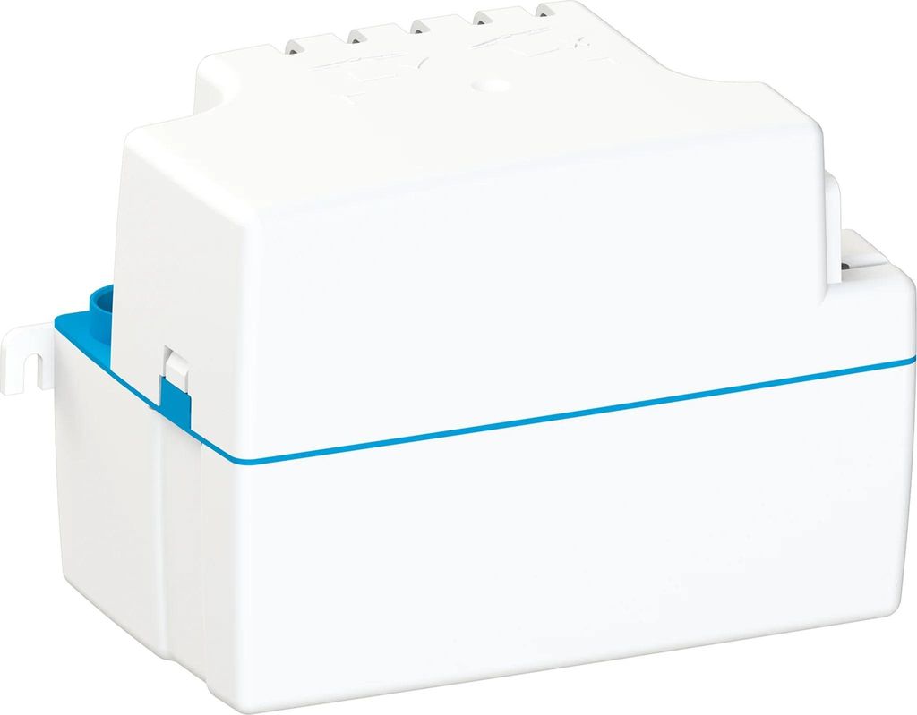 A white condensate pump with blue accents, shown from a diagonal angle against a white background.