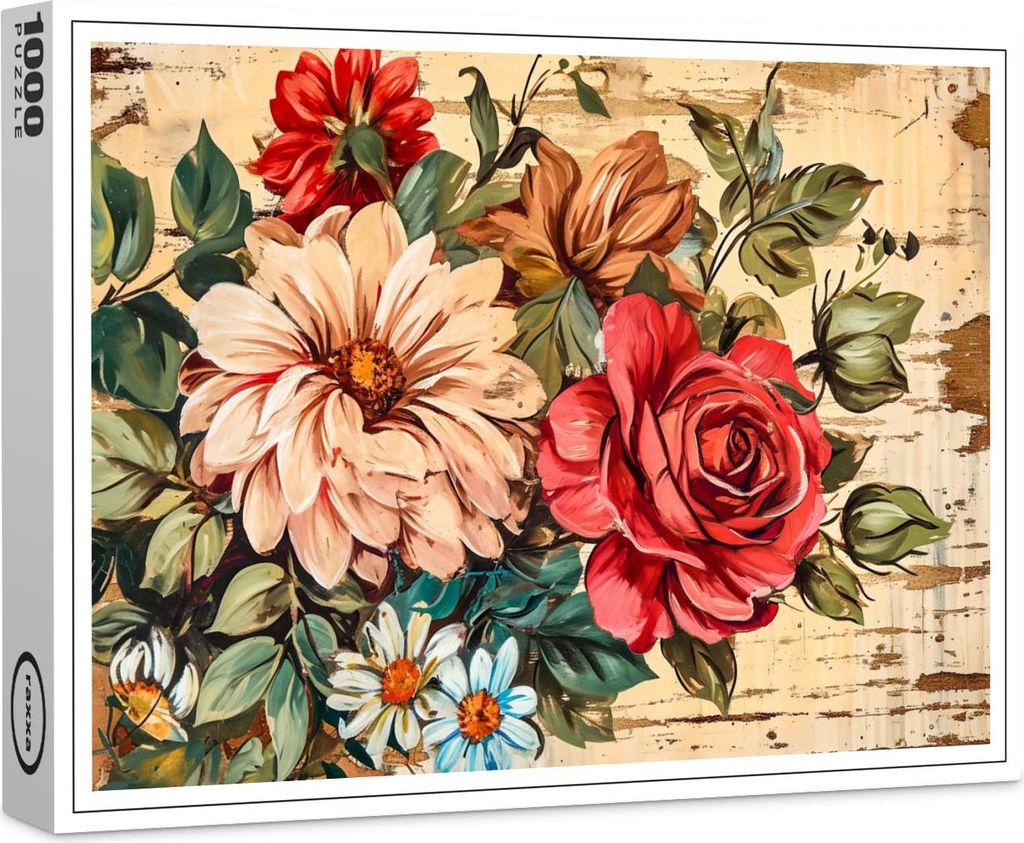 raxxa Premium-Puzzle "Dahlias and Roses on Cracked Wooden Wall", 1000 Teile