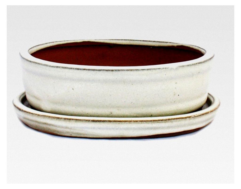 Bonsai-Schale mit Unterteller Größe 2 - hellbeige - oval - L 15,5cm - B 12cm - H 4,5cm