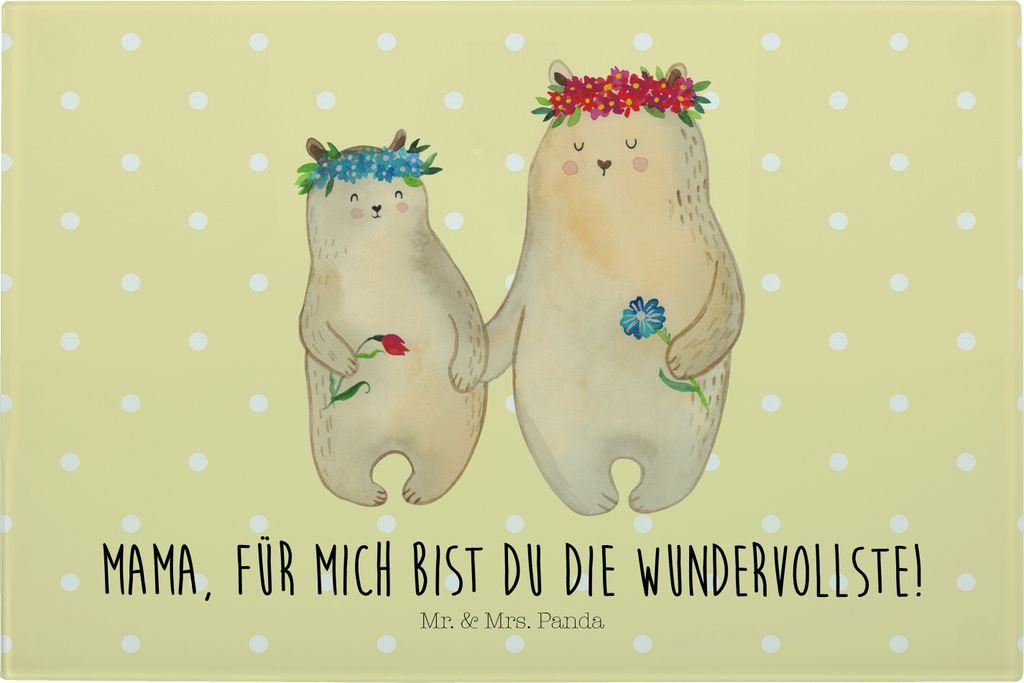 Mr. & Mrs. Panda Frühstücksbrett Bären mit Blumenkranz - Gelb Pastell - Geschenk, Bär, schneidbrett, Muttertag, Lieblingsmensch, Familie, Servi...