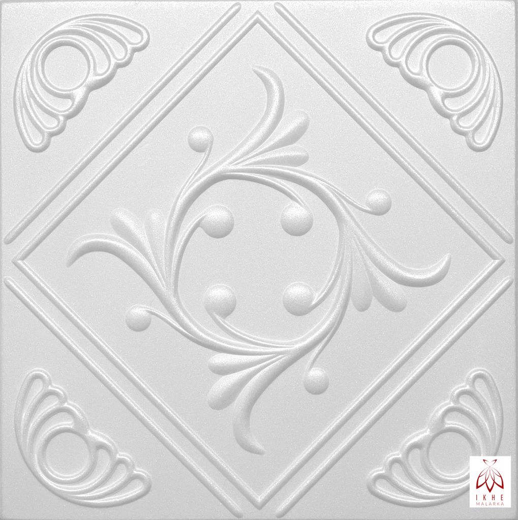 A white decorative wall panel with embossed floral and geometric patterns.