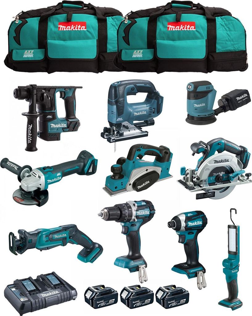 MAKITA Kit MK1004 (DHP484+ DTD154+ DHR171+ DGA504+ DJR183+ DBO180+ DJV182+ DHS680+ DML801+ DKP180+ 3x5,0Ah + DC18RD+ 2xLXT600)