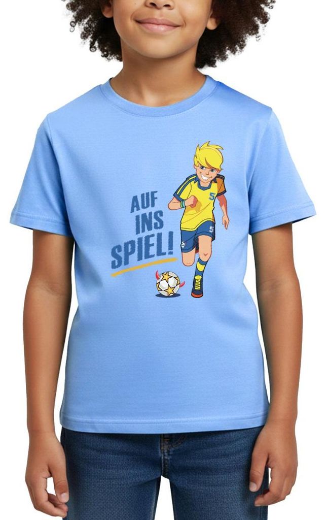 Spreadshirt Teufelskicker Auf Ins Spiel Kinder T-Shirt, 110/116 (5-6 Jahre), Himmelblau