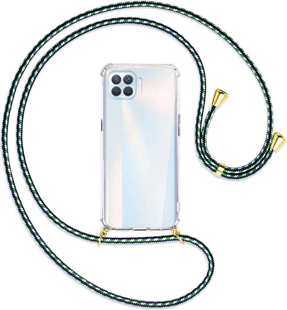 Handykette Backcover-Schutzhülle mit Band (Metall goldfarben) für Oppo A93 - grün/blau/weiß