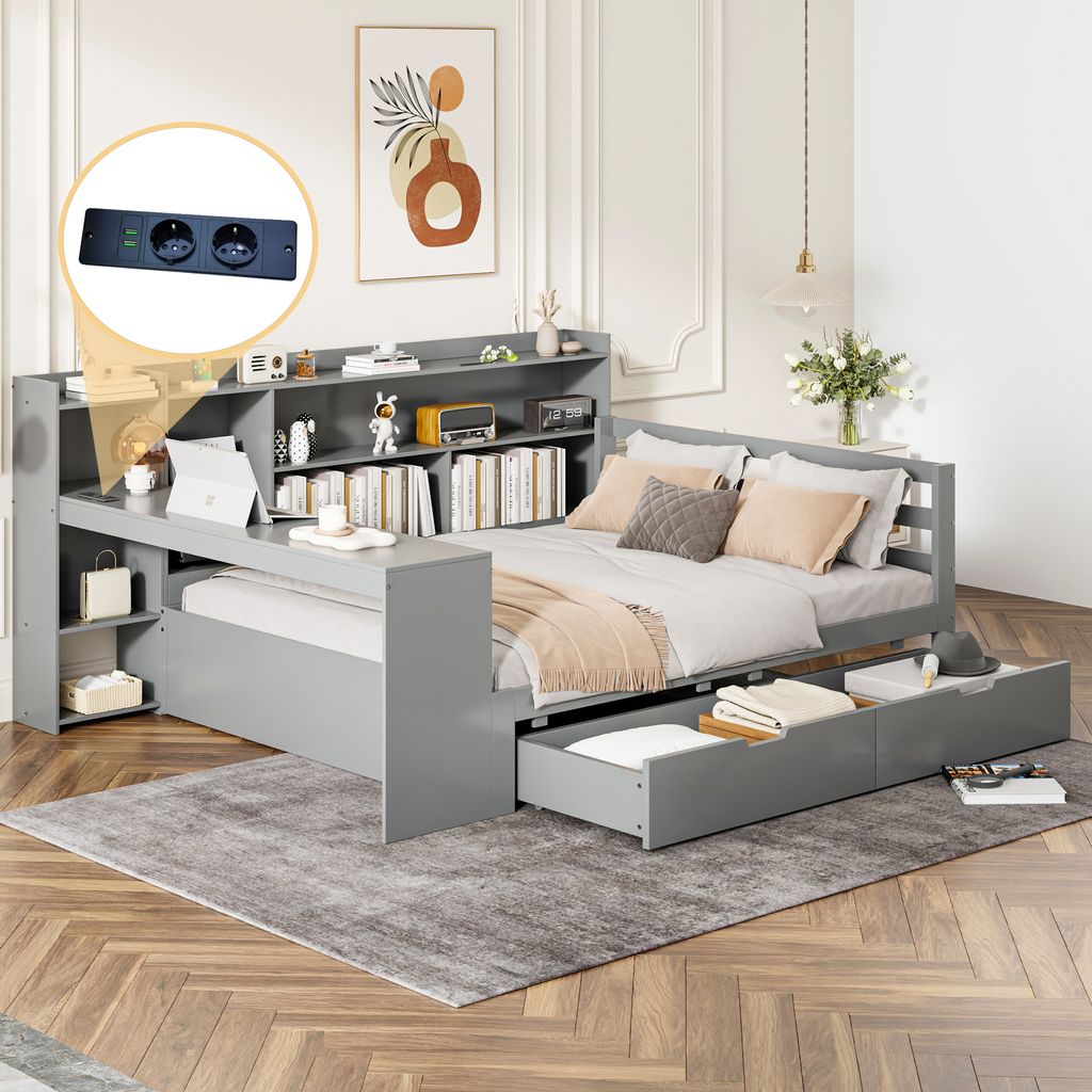 Flieks Tagesbett Holzbett Schlafsofa 140x200cm mit Ladefunktion und 2 Schubladen, Daybed Doppelbett mit Schreibtisch und Regal, Jugendbett Grau