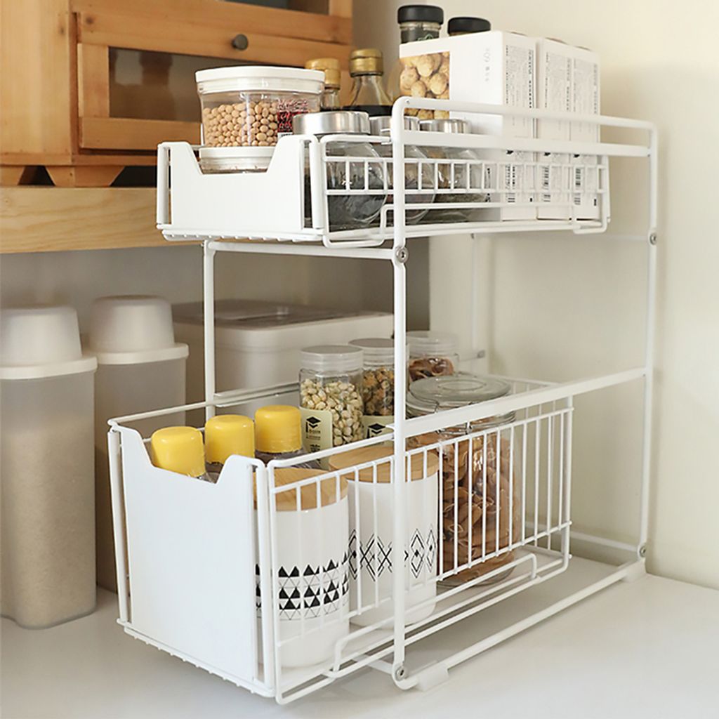 1er Set Küchenregal Schiebeschrank Korb Küchen Unterschrankregal Unter Waschbecken Regal Gewürzregal für Badezimmer-Küchen-Arbeitsplatte Weiß