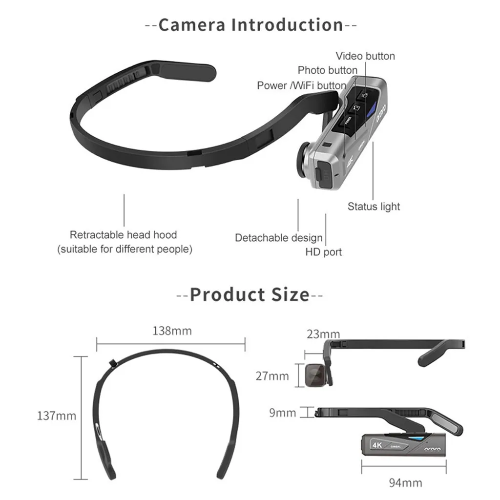 Caméra embarquée frontale 4K portable grise avec vision large de 120°