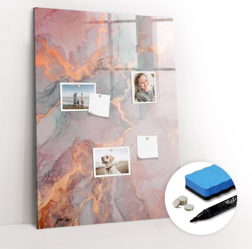 Magnetpinnwand Memoboard - Zubehörsatz - Schwarzer Marker + Schwamm + Magnete - 70 x 100 cm - Marmor