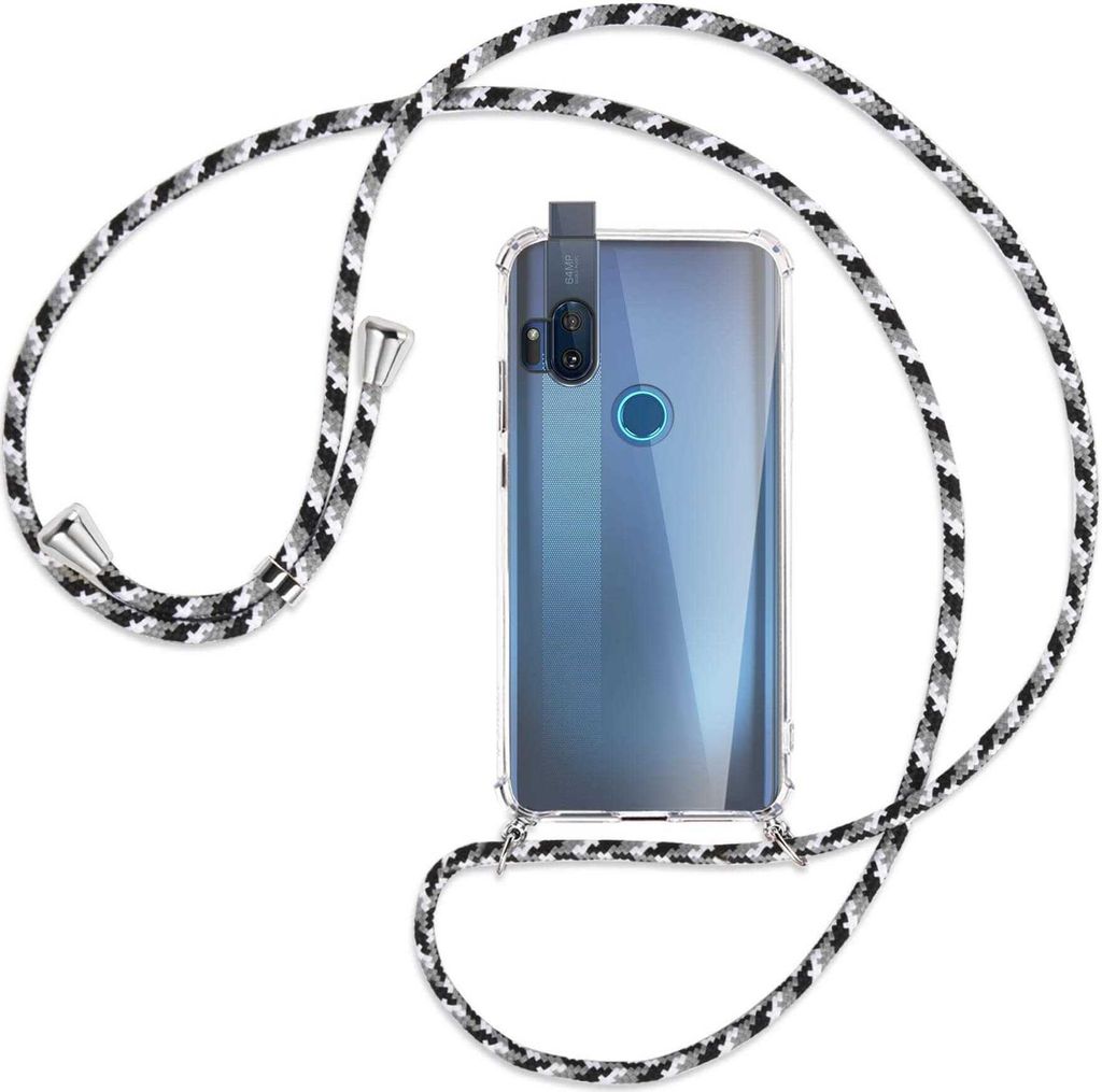 Handykette Backcover-Schutzhülle mit Band (Metall silberfarben) für Motorola One Hyper - schwarz/grau/weiß