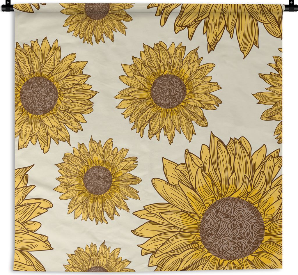 MuchoWow Wandteppich Wandbehang Illustriertes Muster von Sonnenblumen 150x150 cm Tapisserie Dekoration Wandtuch - Wohnaccessoires - Modernes