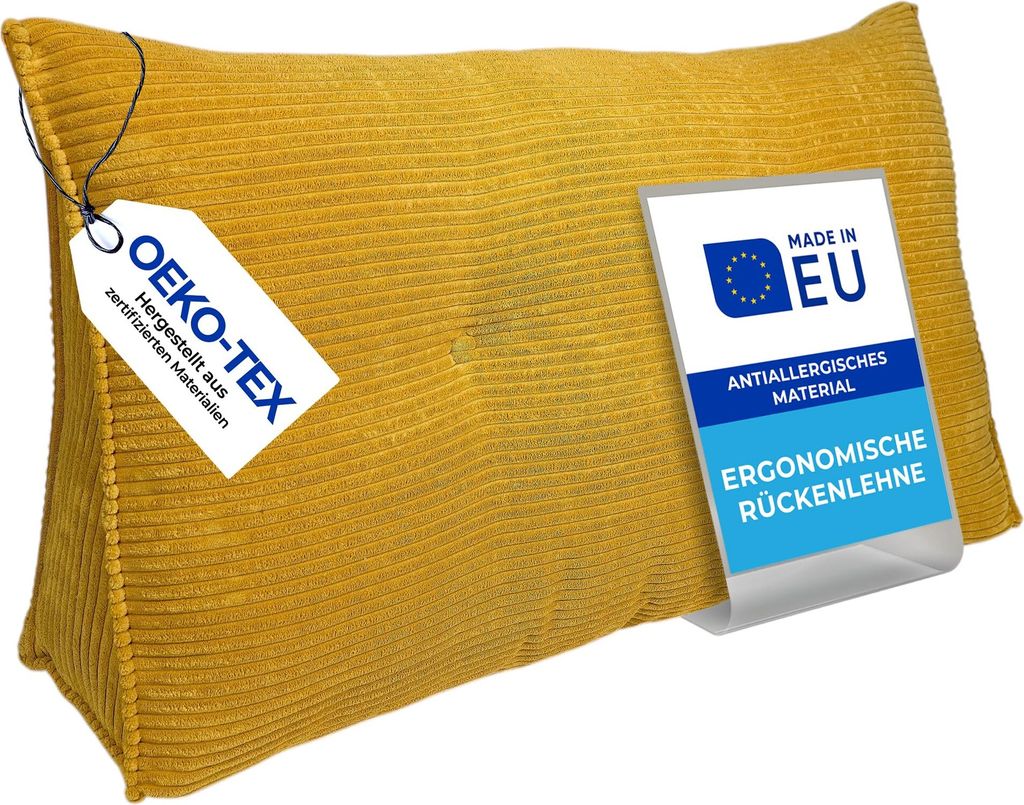 Pillows24 - Rückenkissen für Bett & Sofa mit abnehmbarem, waschbarem Bezug - 180cm breit | Großes Lesekissen - Keilkissen, Cord-Gelb