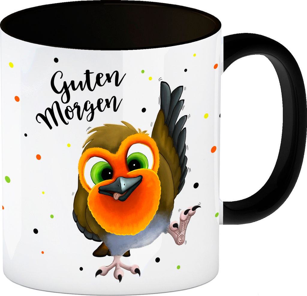 Guten Morgen Kaffeebecher Henkel und Innenseite Schwarz mit Rotkehlchen