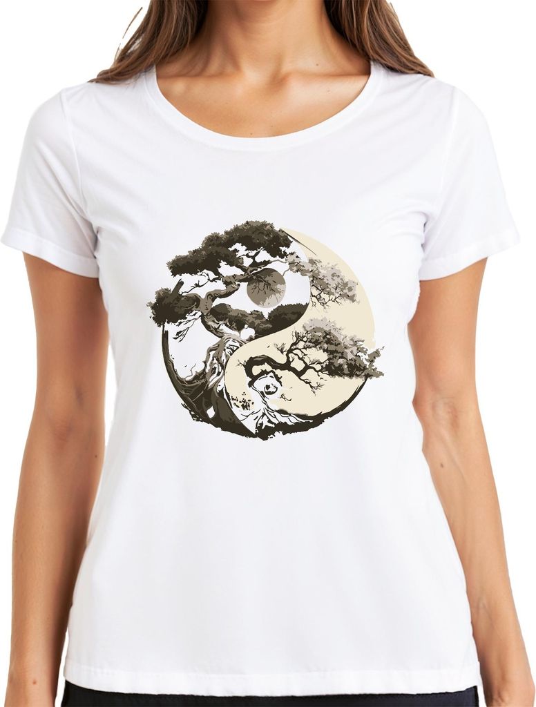 Baum des Lebens Yin Yang Mond Zen Balance Natur Meditation Yoga Damen T-Shirt, Weiß, 3XL