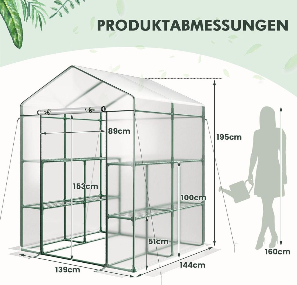 Begehbares Gewächshaus mit 8 Regalböden, PVC-Abdeckung, 139 x 144 x 195 cm